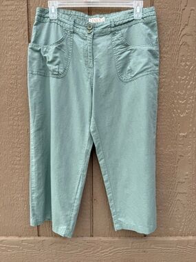 Basix of America Women's Green Linen Cotton Capri Pants Button Straight Leg M